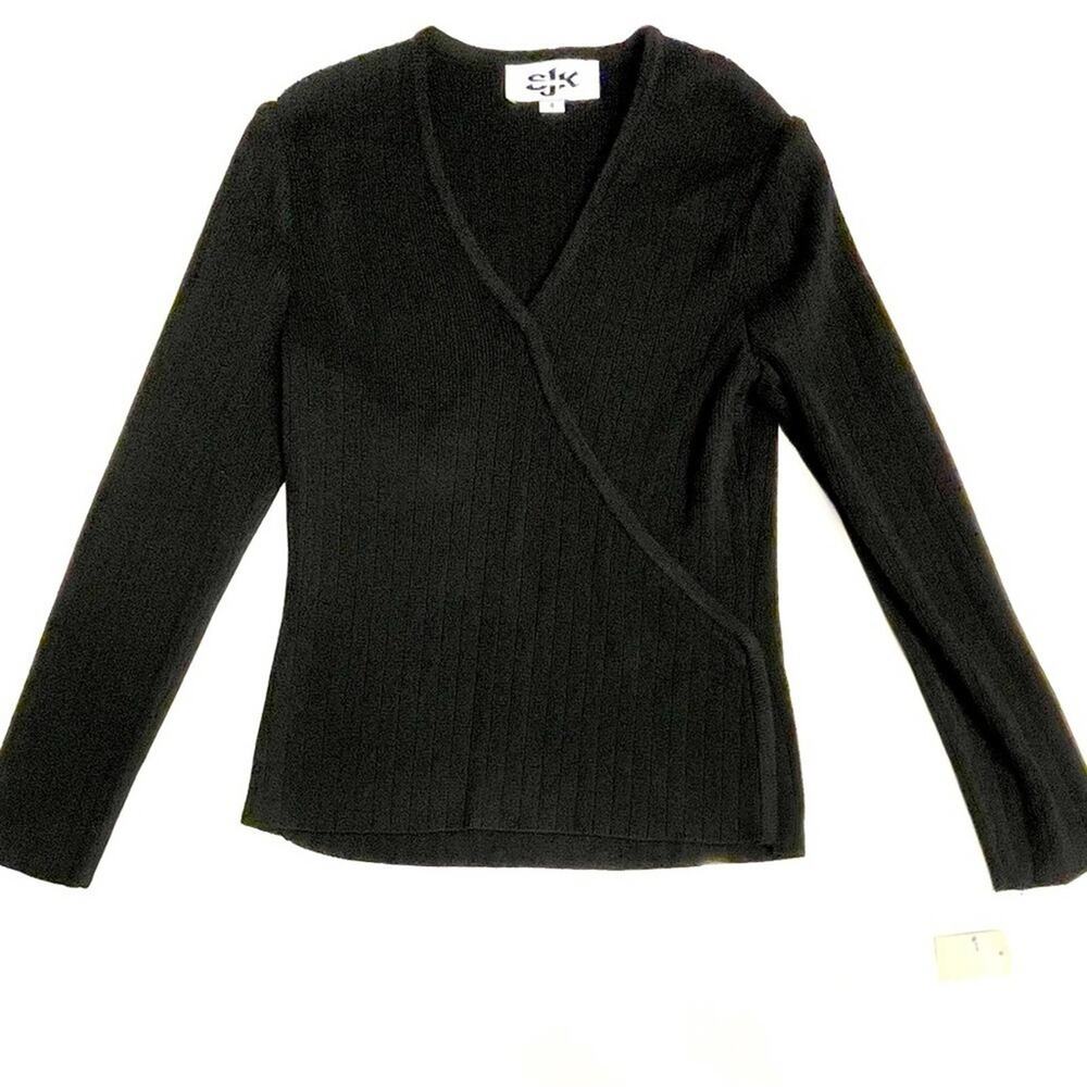 St. John Knits (Vintage) Black Ribbed Faux Wrap Sweater Size 4 NWT